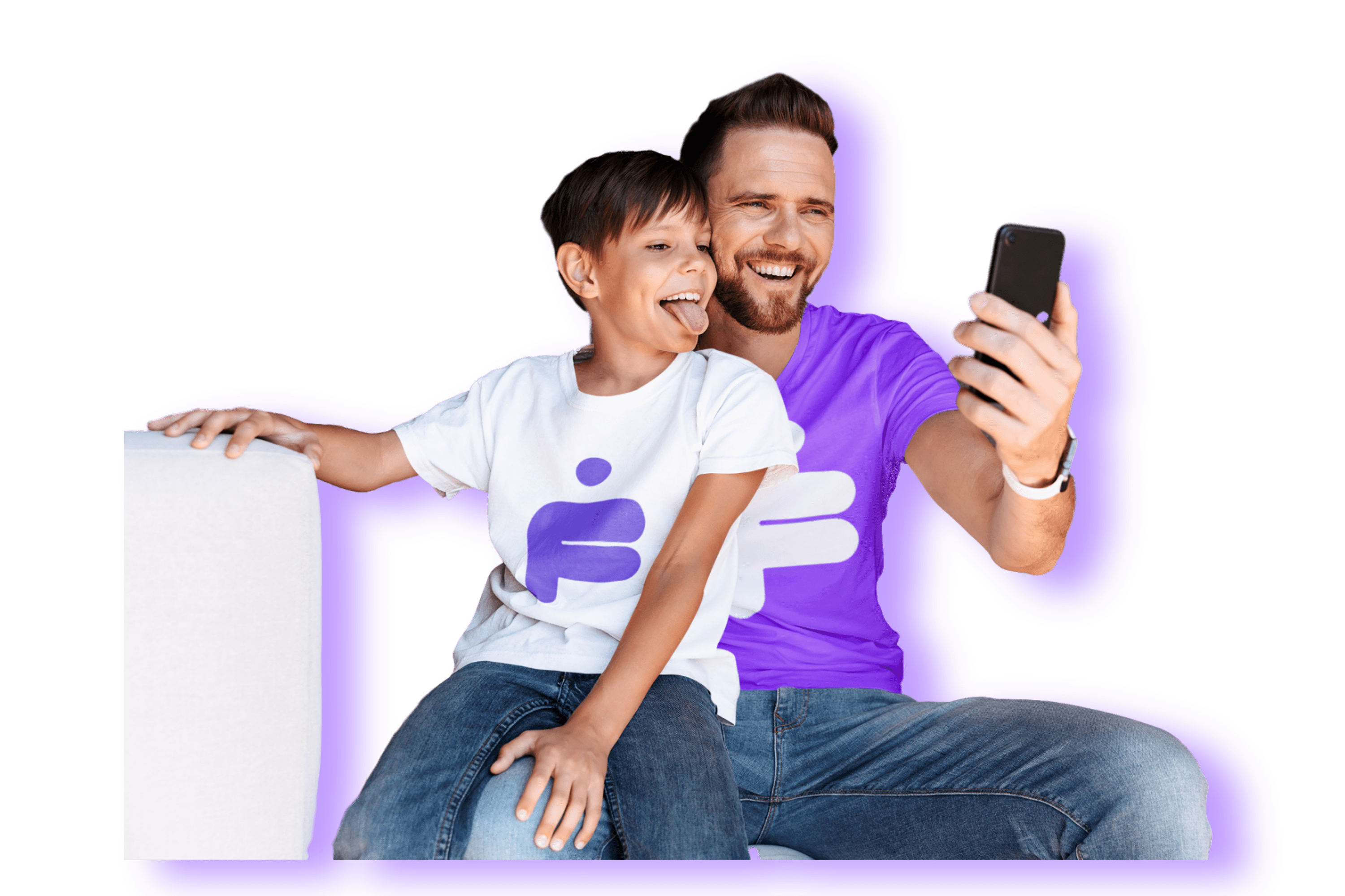 Father and son wearing FreeMii shirts and taking a selfie.