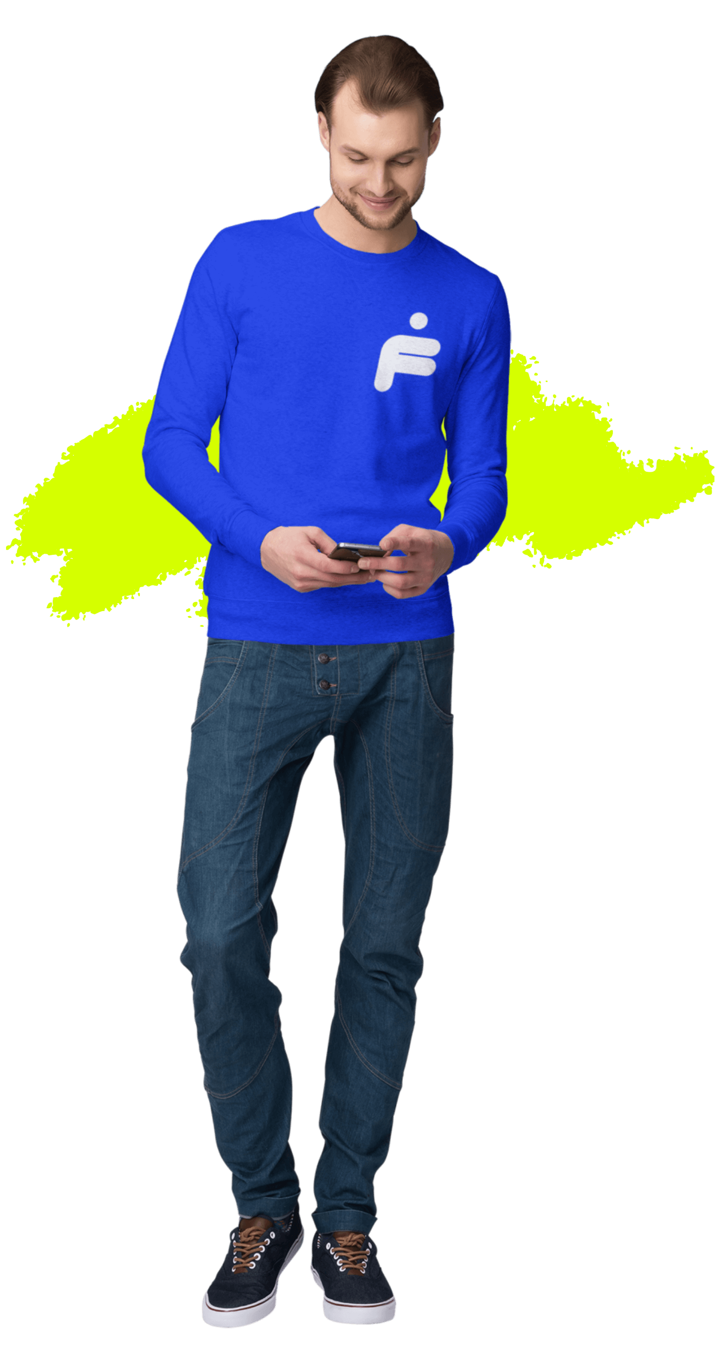 Young man wearing a FreeMii t-shirt while holding a mobile phone