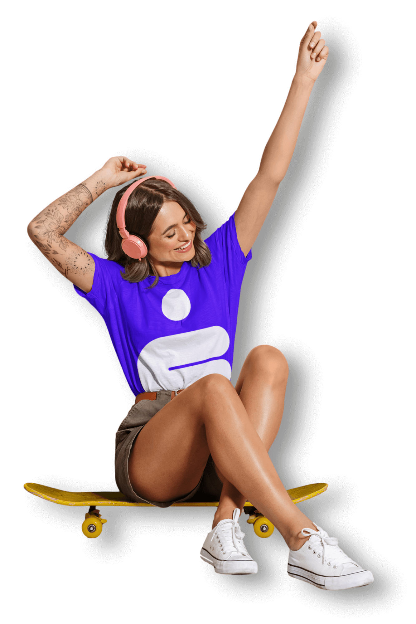 Young woman wearing a FreeMii t-shirt while sitting on skateboard